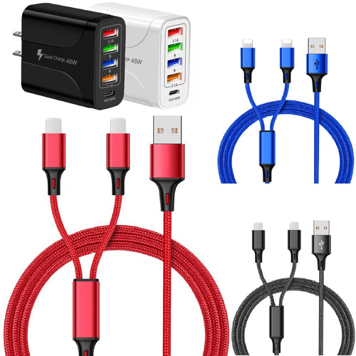 5-Port Universal USB-C Travel Adapter Bundle with 2-in-1 Nylon Braided 6' Charging Cable